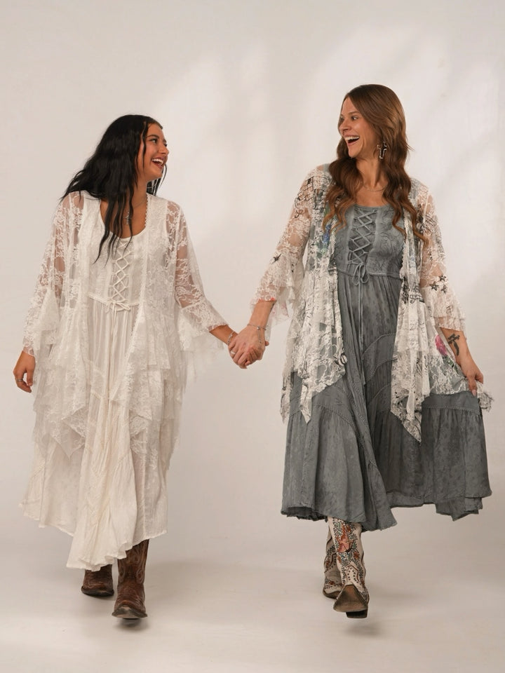 Ash Grey Lace Up Front Tiered Midi Dress