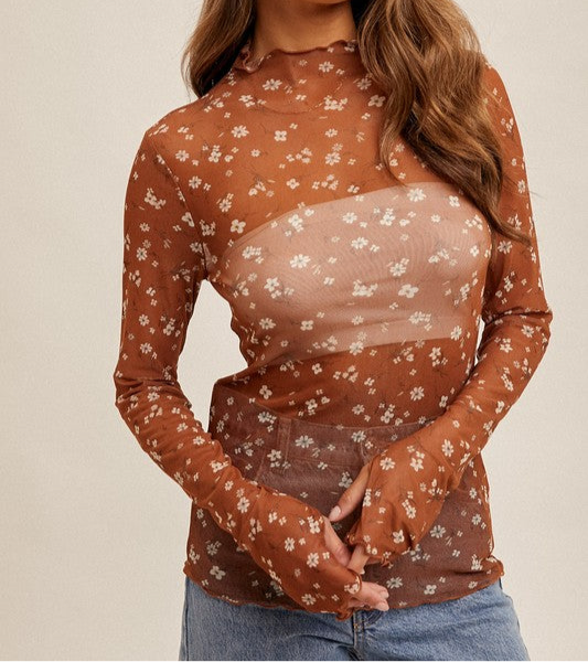 Caramel Floral Mesh Top