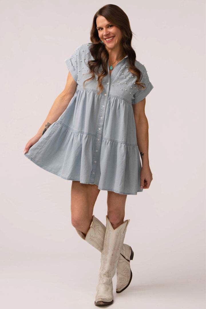 Cute and Charming Pearl & Rhinestone Loose Fit Denim Dress
