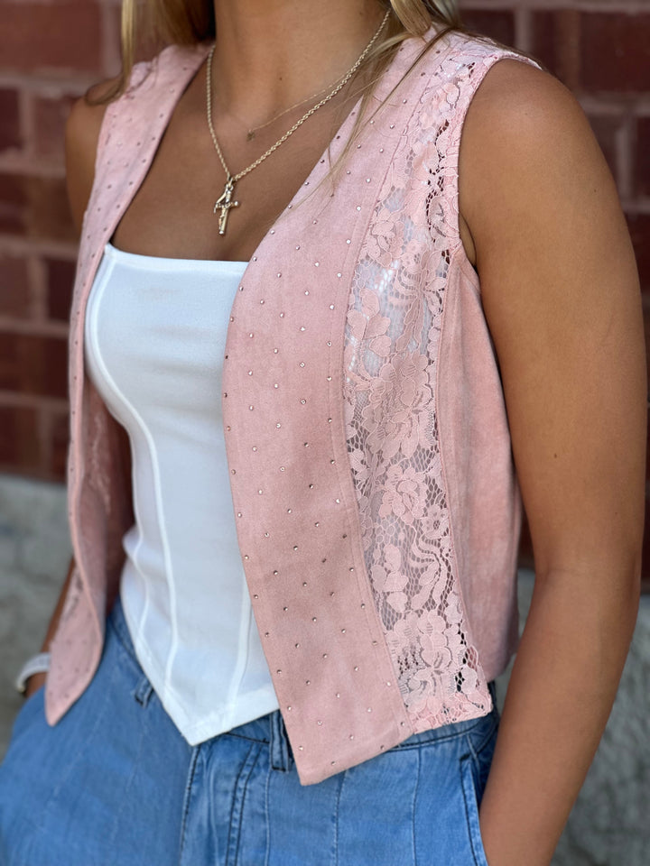 Suede Lace and Rhinestone Cropped Vest