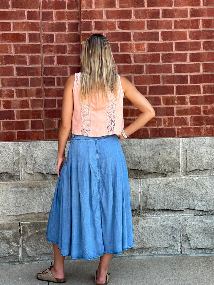 Pleated High Low Tencel Midi Skirt