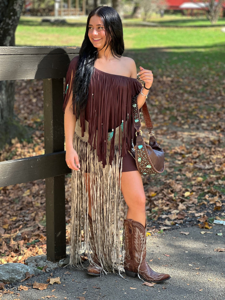 Feather & Fringe Peasant Body-con Mini Dress