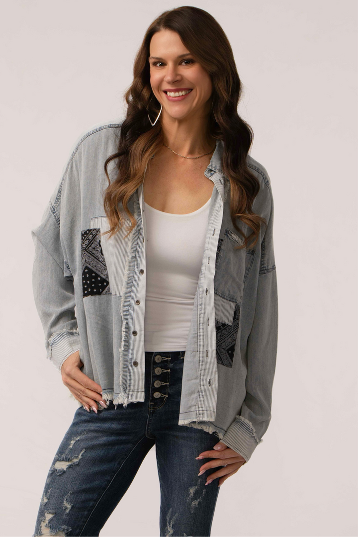 Super Soft Denim Patchwork Button Down Top
