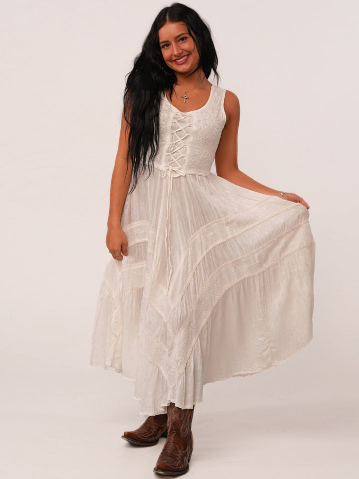 White Lace Up Front Tiered Midi Dress