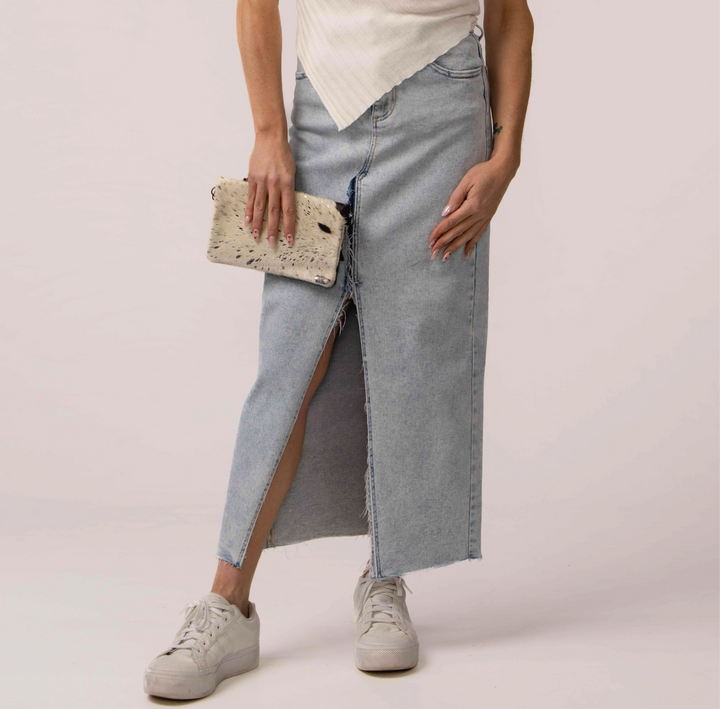 Risen High Rise Crossover Denim Maxi Skirt