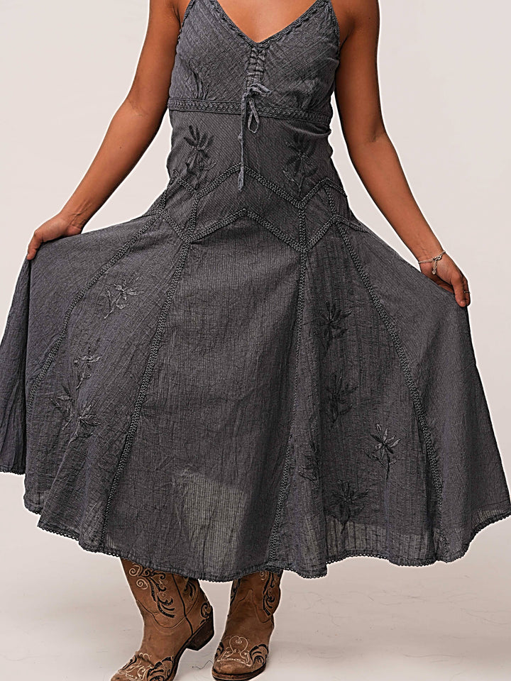 Adjustable Strap Floral Embroidery MIDI Dress
