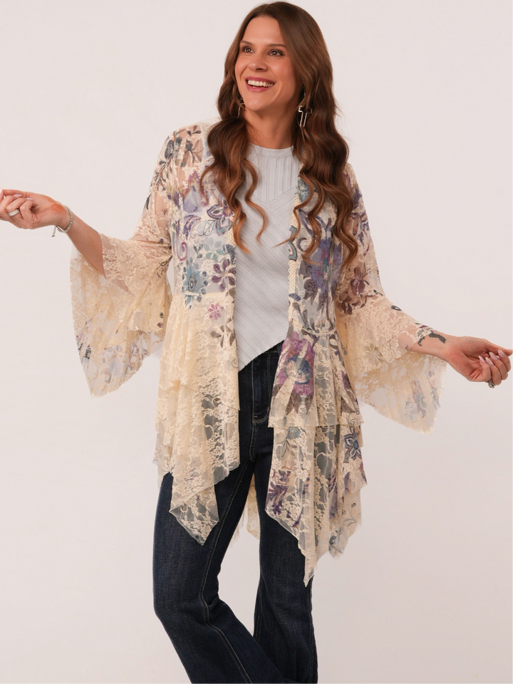 Floral All Lace Bell Sleeve Cardigan