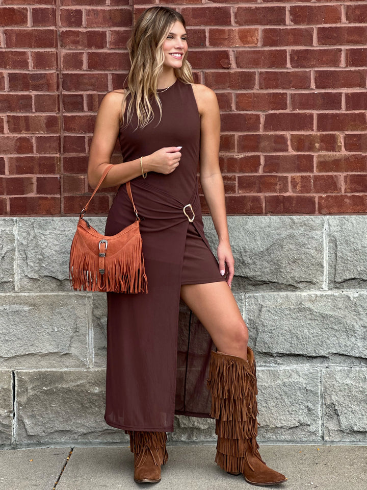 Riley Side Buckle Mesh Maxi Dress