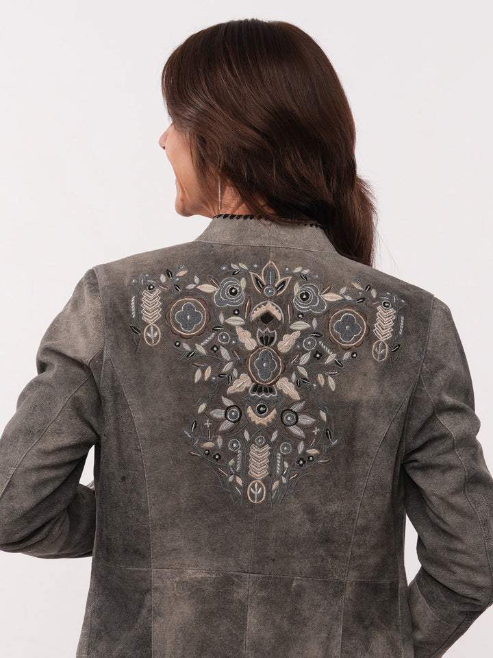 Floral Embroidery Leather Knee Length Jacket
