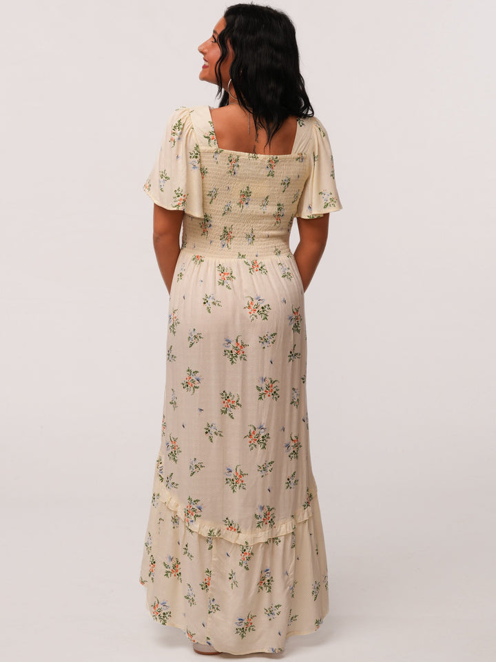 Ivory Floral Front Twist Eyelet Maxi Dress