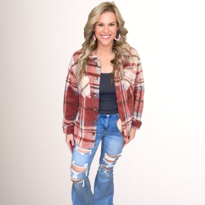 BUFFALO PLAID BUTTON-DOWN FUZZY SHERPA SHACKET - Salt and Grace Boutique