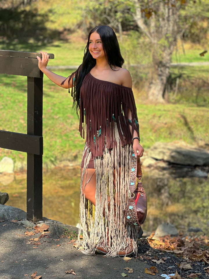 Feather & Fringe Peasant Body-con Mini Dress