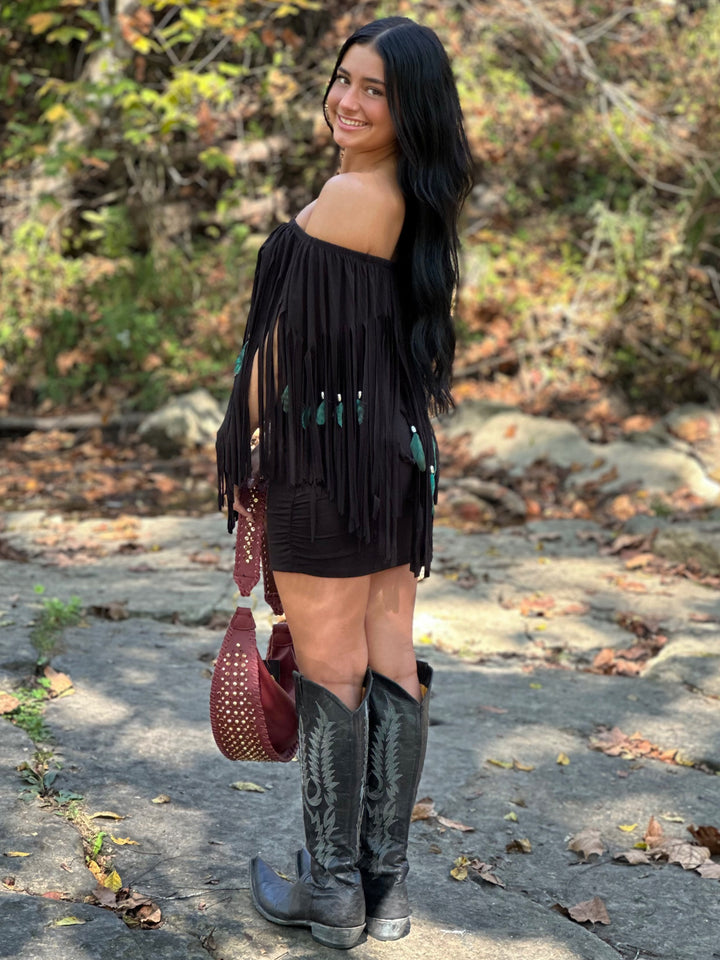 Feather & Fringe Peasant Body-con Mini Dress