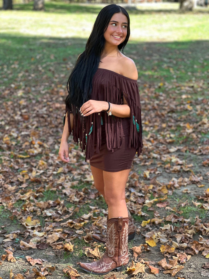 Feather & Fringe Peasant Body-con Mini Dress