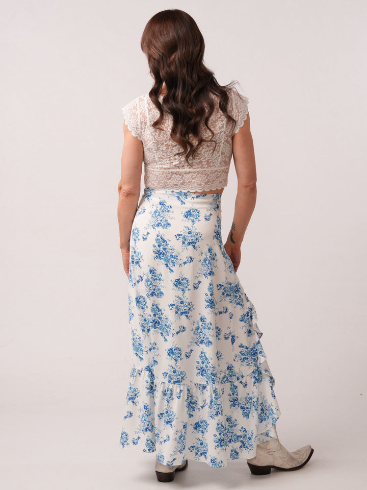 High Waist Ruffle Floral Maxi Skirt with Front Slit