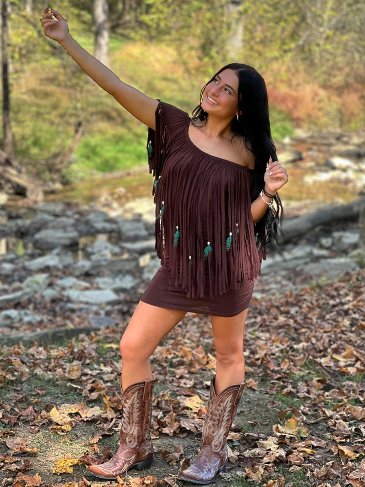 Feather & Fringe Peasant Body-con Mini Dress