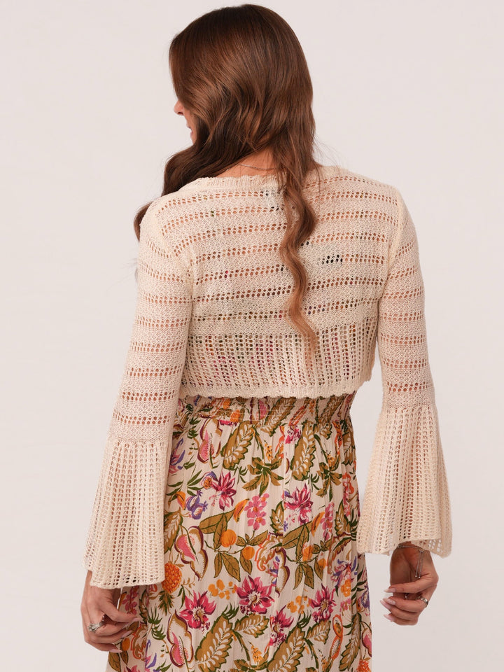 Ivory Bell Sleeve Tie Front Cropped  Cardigan