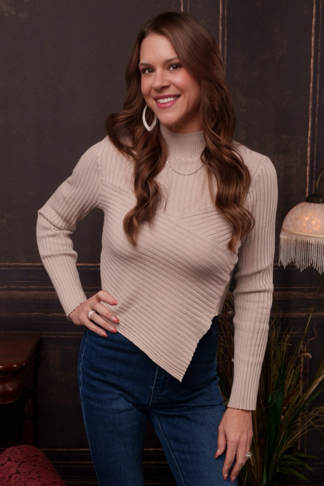 Asymmetrical Ribbed Mock Neck Sweater - Main Image