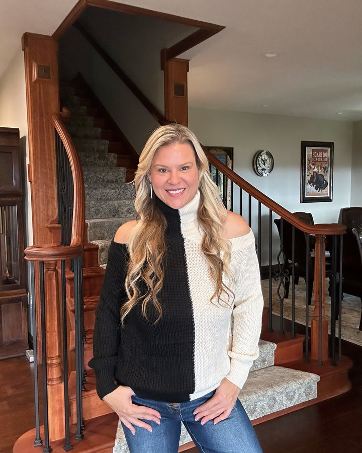 Color Block Mock Neck with Cold Shoulder Sweater - Salt and Grace Boutique