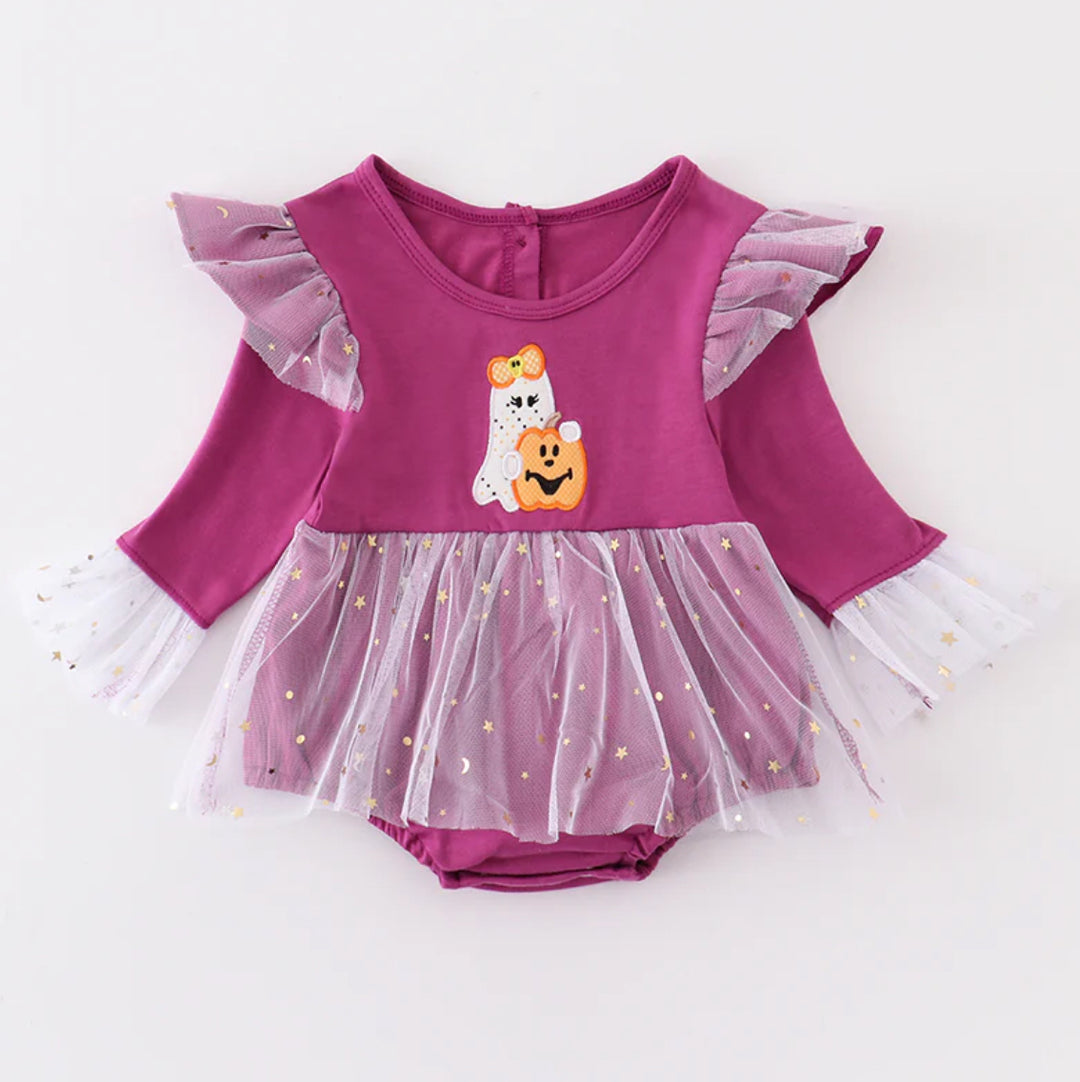 PURPLE HALLOWEEN GHOST PUMPKIN APPLIQUE GIRL BUBBLE