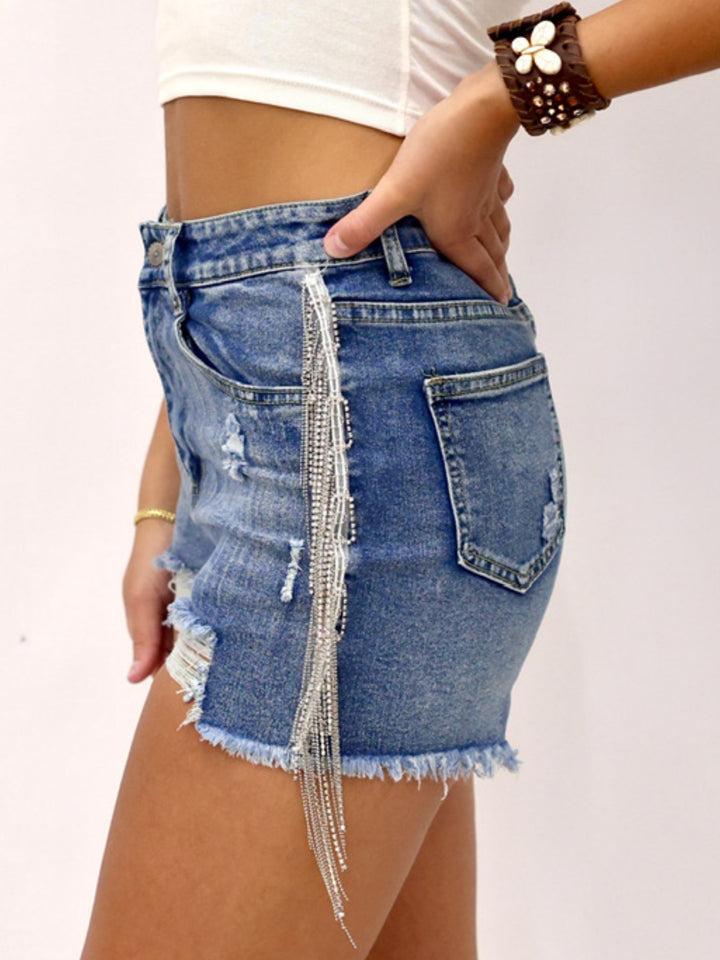 Rhinestone Fringe Denim Shorts
