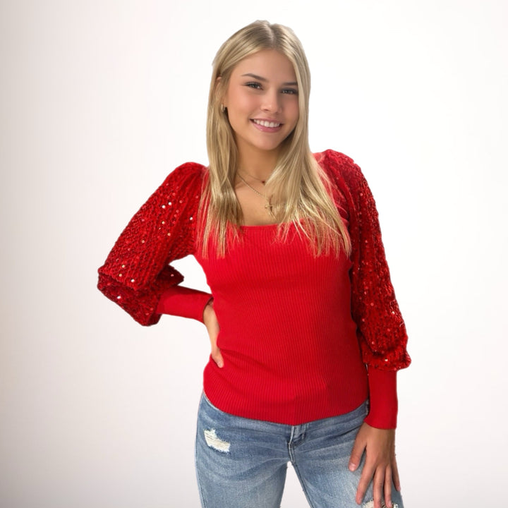 Sequin Balloon Sleeve Top - Salt and Grace Boutique
