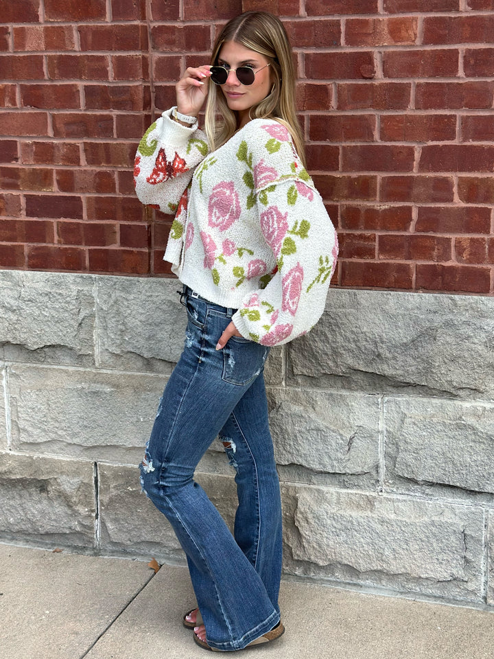 POL Butterfly Blossom Button-Down Cardigan