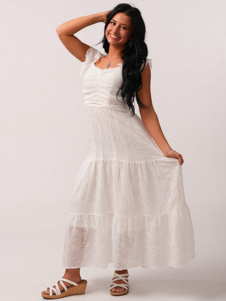 The Emily White Tea Length Flutter Sleeve Dress