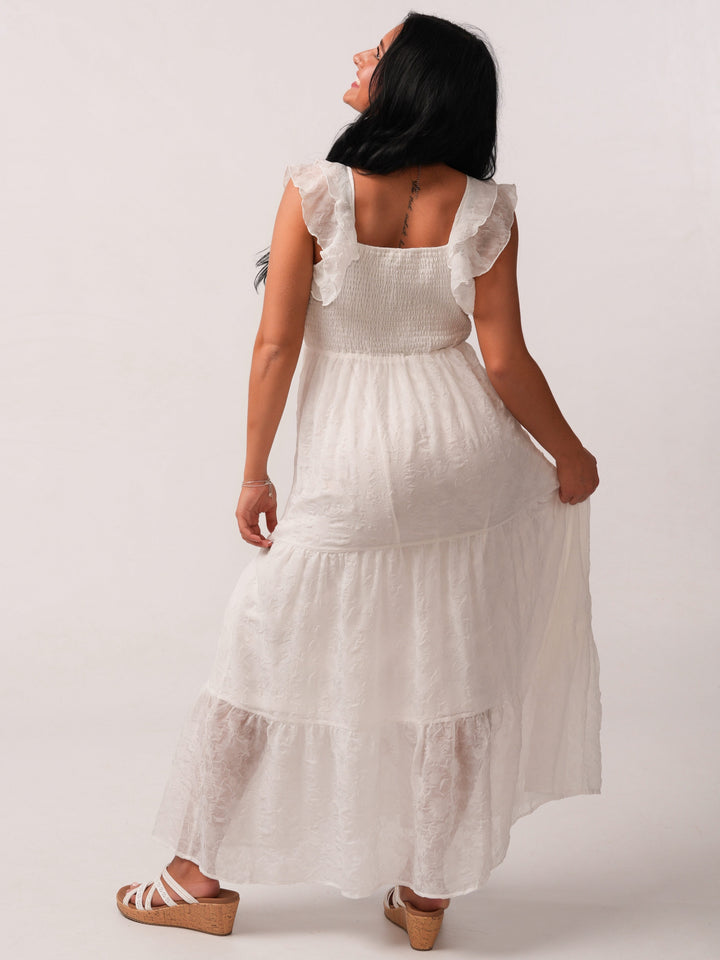 The Emily White Tea Length Flutter Sleeve Dress