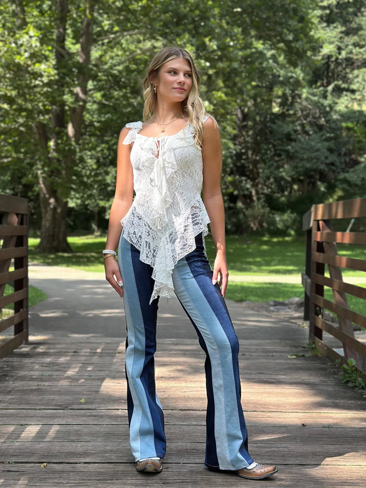 Striped Denim Color Block Flare Jeans