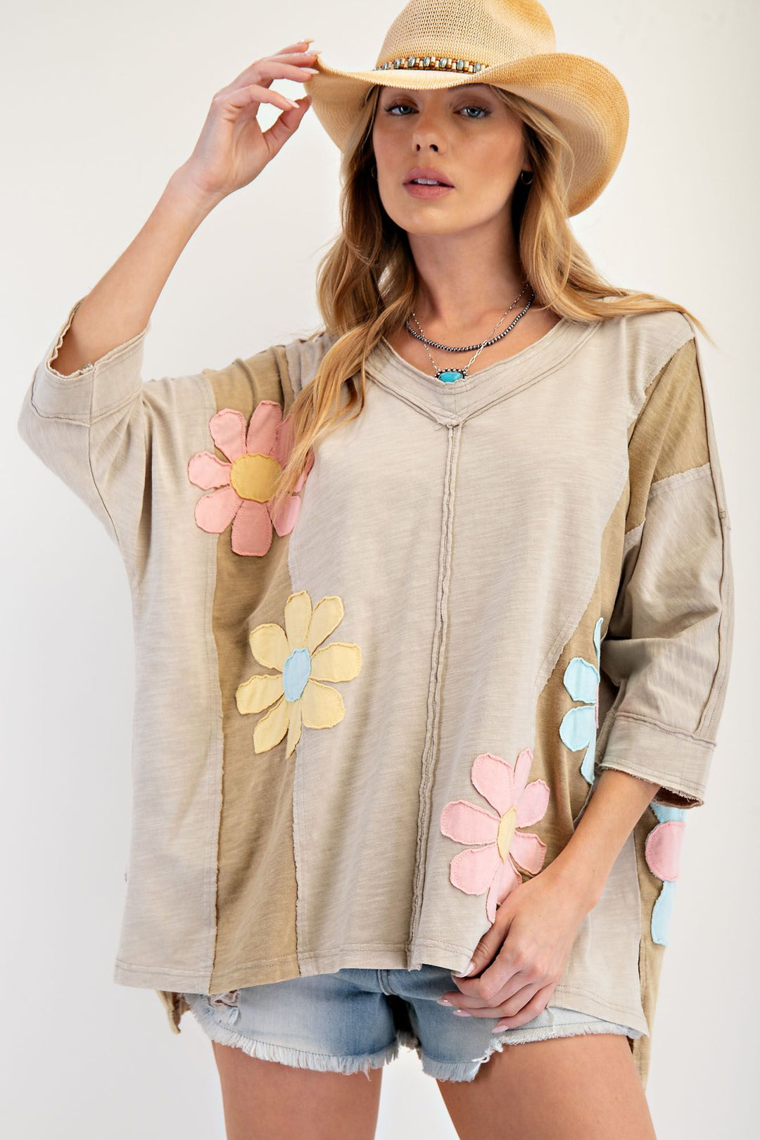 Floral 3/4 Sleeve Patchwork Top