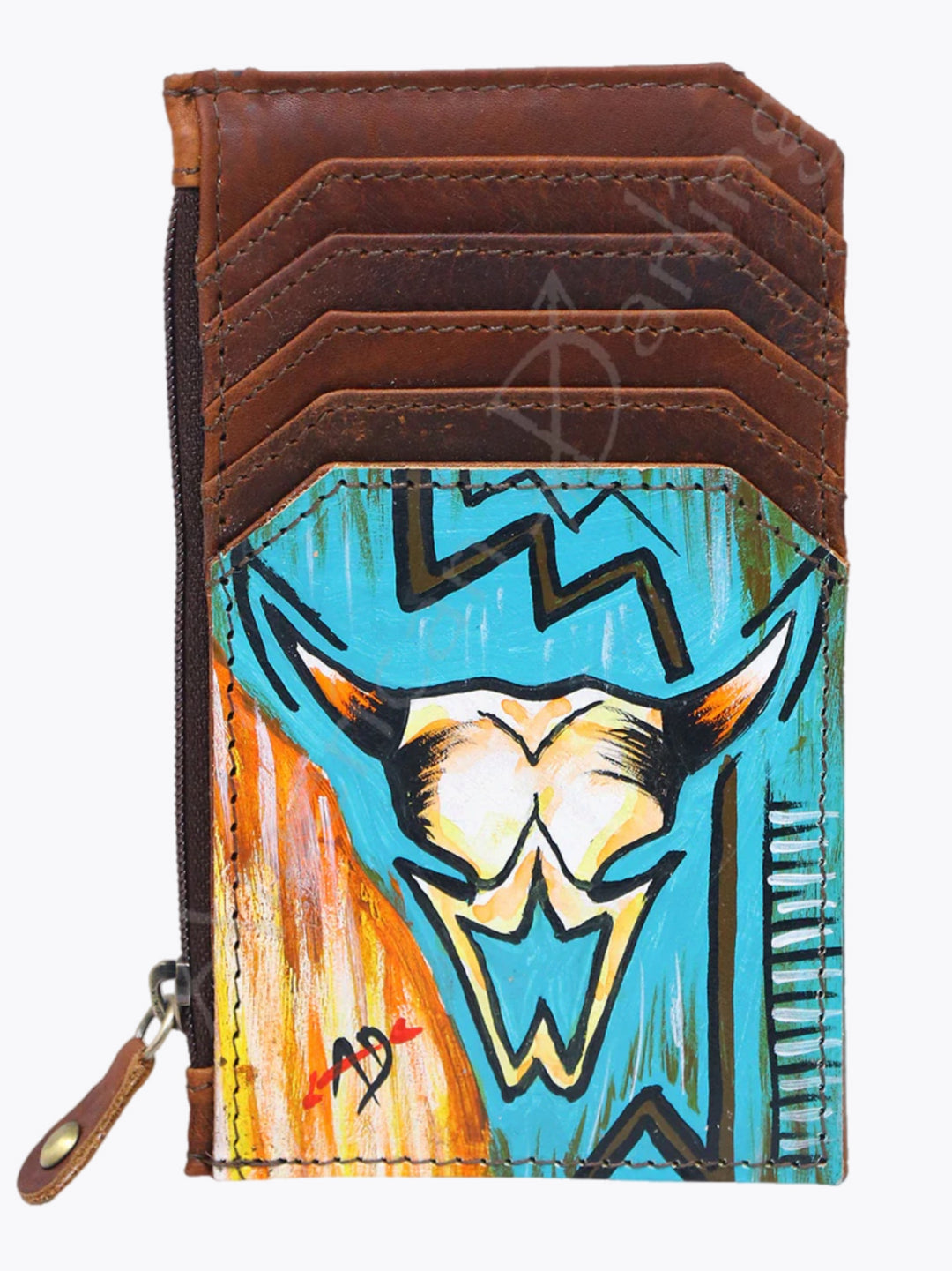 Hand-Painted Cow Skull Leather Card Holder