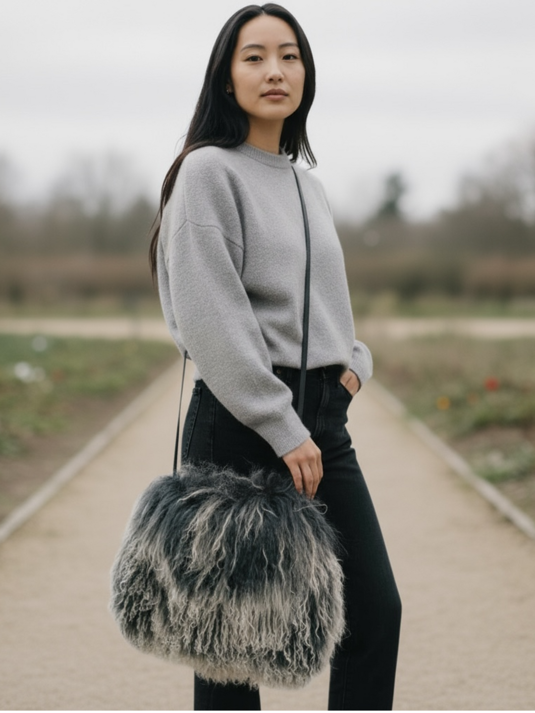 Black/White Tibetan Lamb Muff Bag