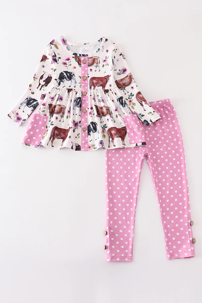Girls Pink Cow Print Outfit - Salt and Grace Boutique