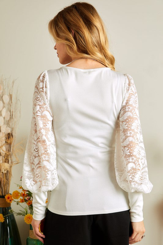 Lace Puff Long Sleeve Top - Salt and Grace Boutique
