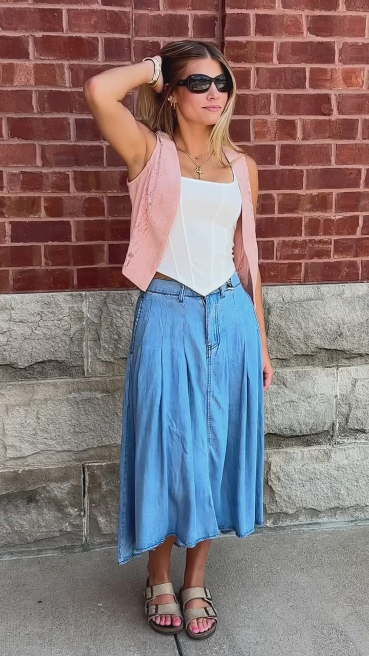Pleated High Low Tencel Midi Skirt