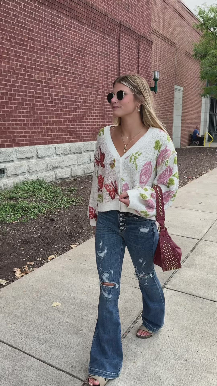 POL Butterfly Blossom Button-Down Cardigan