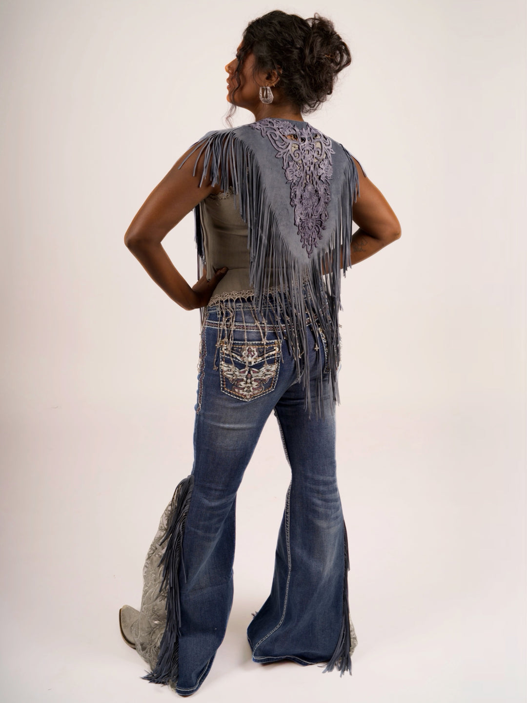 Handcrafted Denim Blue Suede Shoulder Fringe Collar by Pat Dahnke