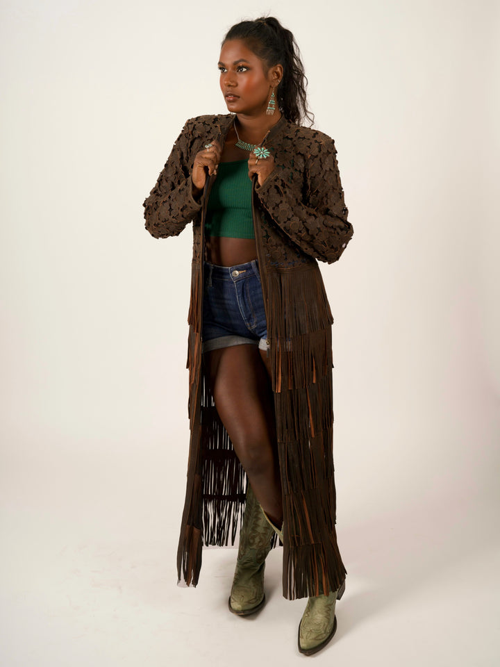Italian Leather Laser-Cut Fringe Duster Jacket