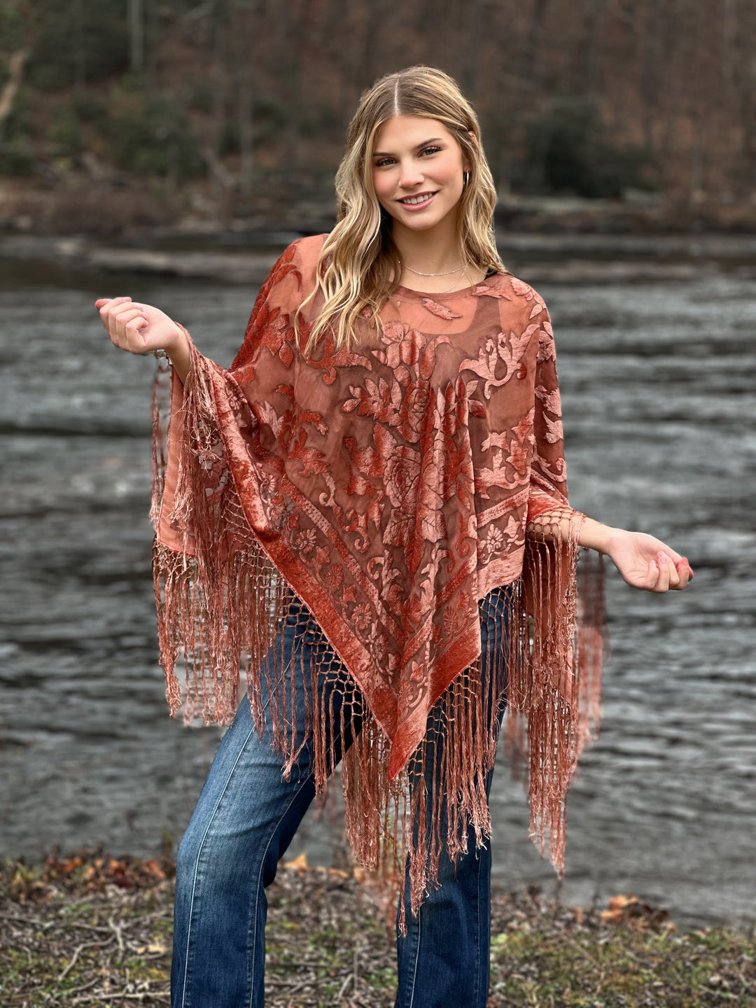 Burnout Velvet Poncho with Fringe