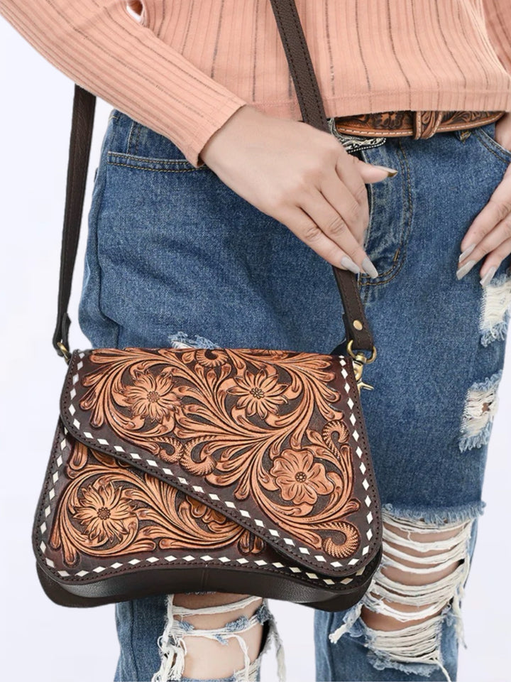 Premium Full-Grain Leather Crossbody Bag with Floral Tooling