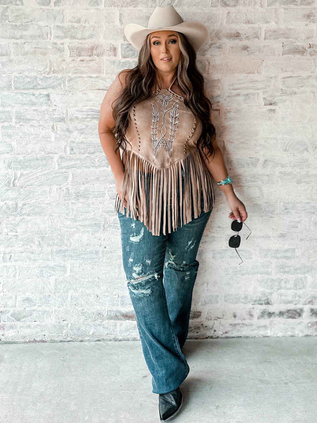 Suede Western Stitch Fringe Halter Top