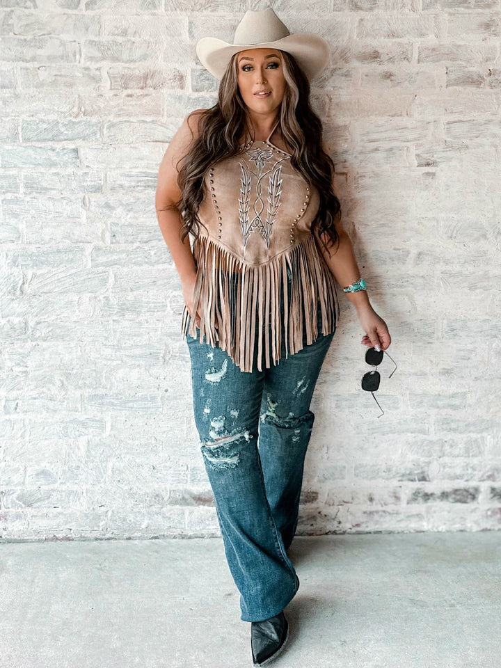 Suede Western Stitch Fringe Halter Top