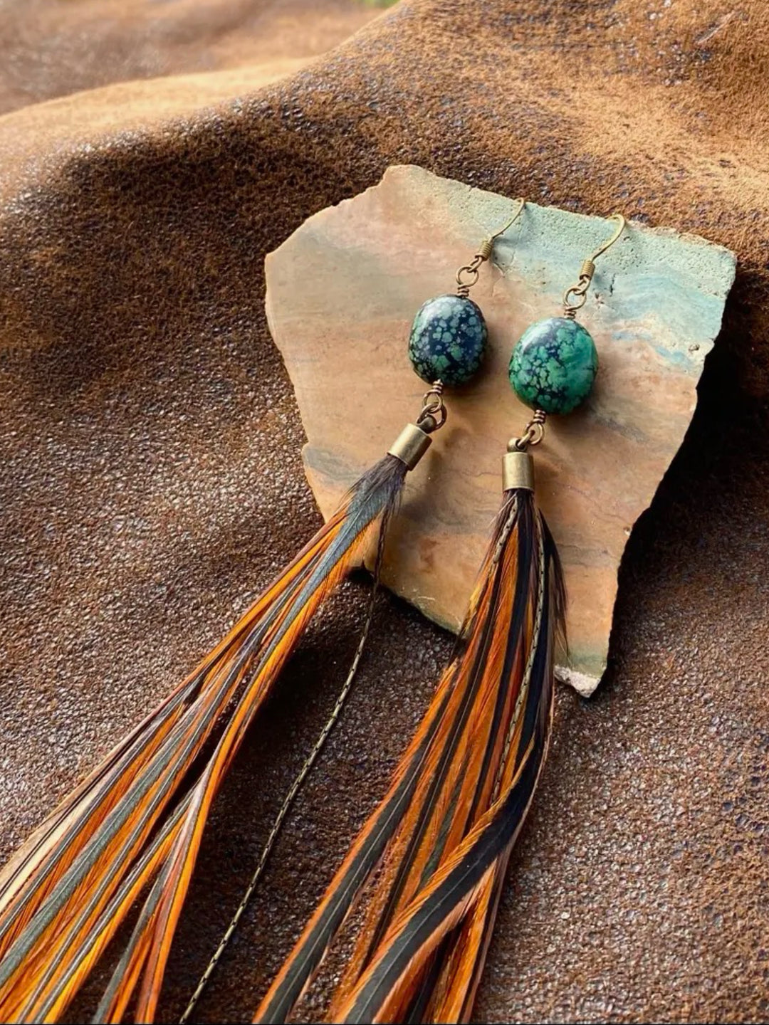 Turquoise Stone & Fawn Long Feather Earrings