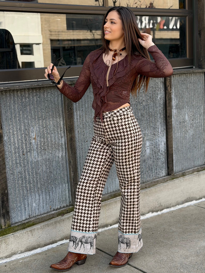 Elara Mocha Floral Lace Ruffle Top