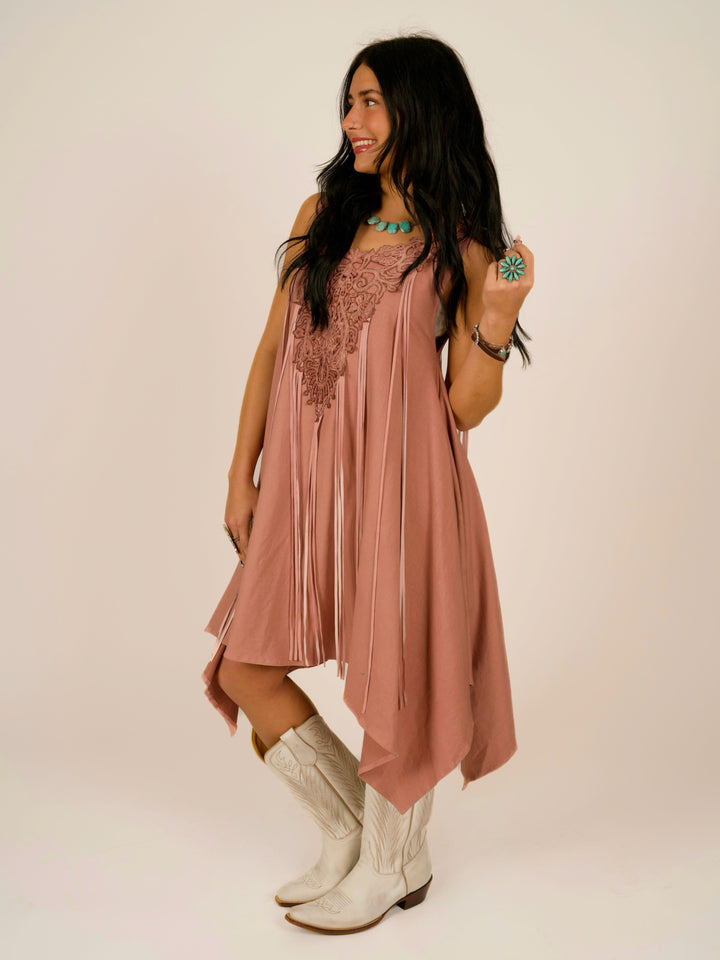 Pink Shark Bite Sleeveless Designer Dress with Pigsuede Fringe & Lace Neckline