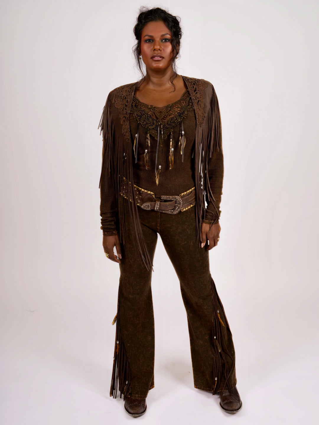 Handcrafted Chocolate Suede Shoulder Fringe Collar by Pat Dahnke