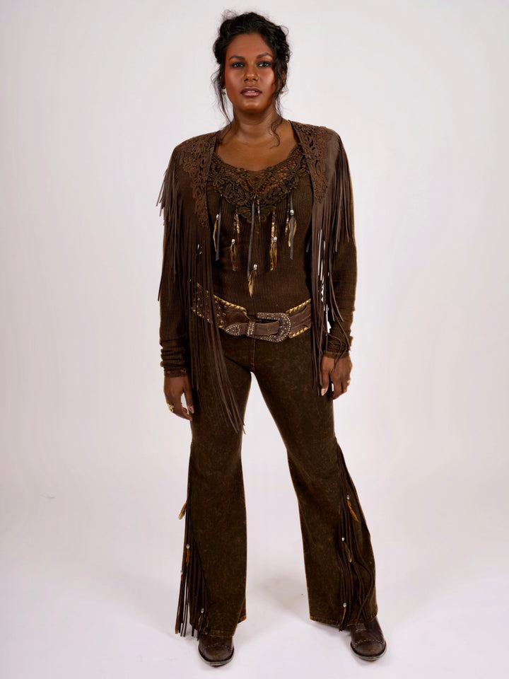 Handcrafted Chocolate Suede Shoulder Fringe Collar by Pat Dahnke