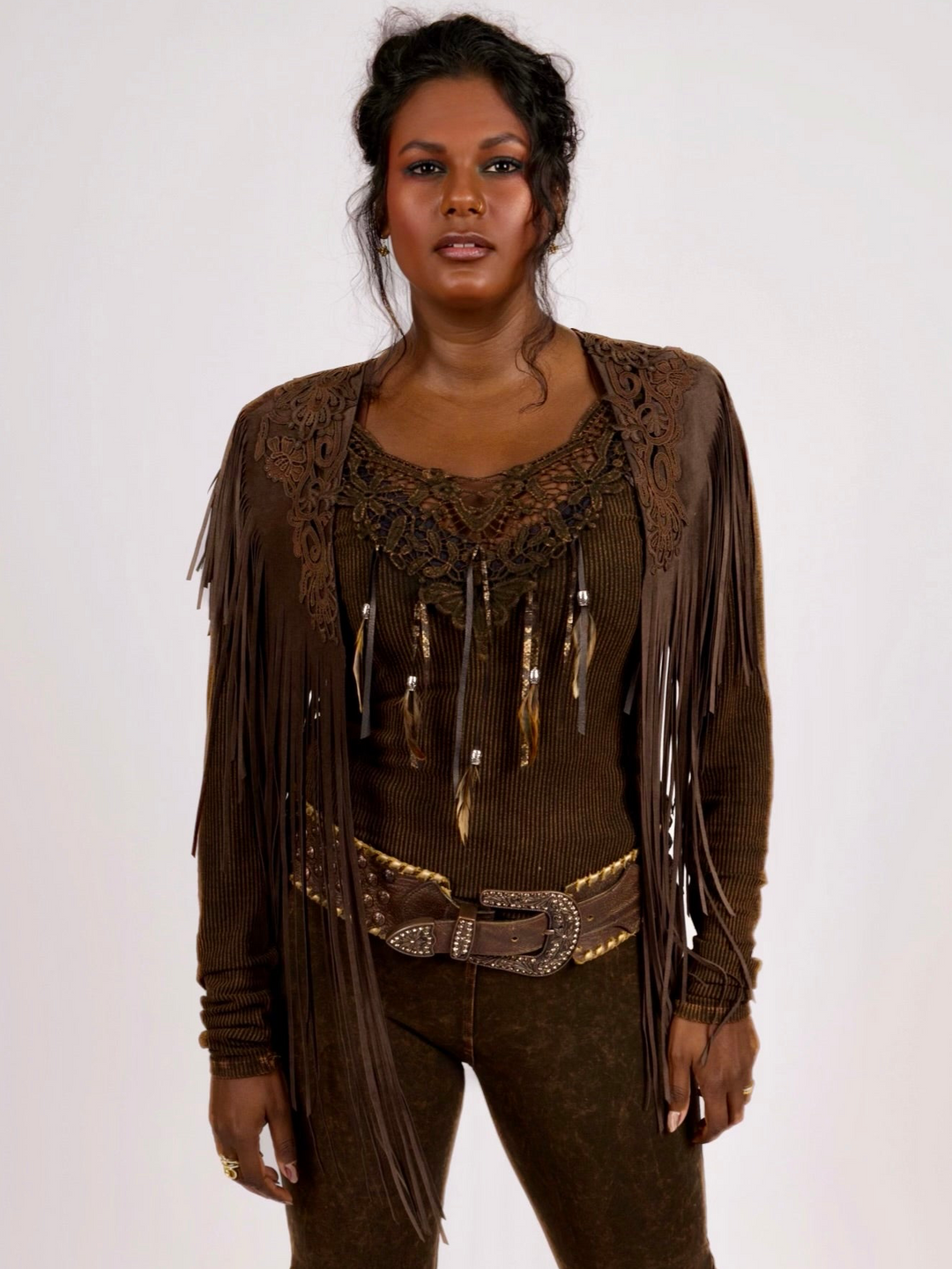 Handcrafted Chocolate Suede Shoulder Fringe Collar by Pat Dahnke