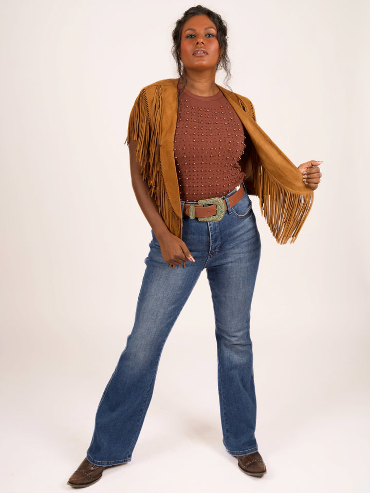 Handcrafted Cognac Suede Leather Fringe Shoulder Collar